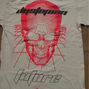 Beige shirt with a red skull with black writing